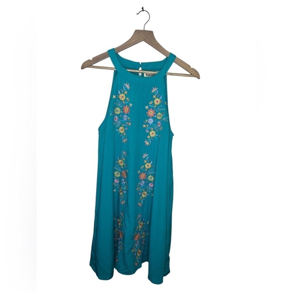 Savanna Jane Floral Embroidered Halter Tent Mini Dress Size M Teal